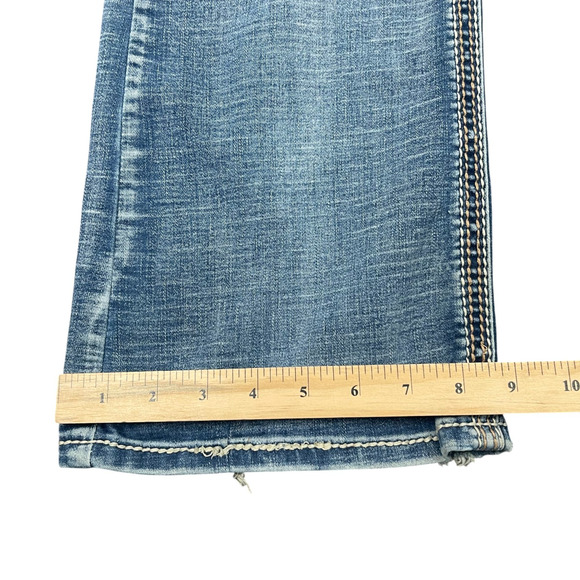 Ariya Jeans Sz 7/8 Y2K Flare Low Rise Flap Pocket Embroidered Distressed Stretch - Picture 6 of 10